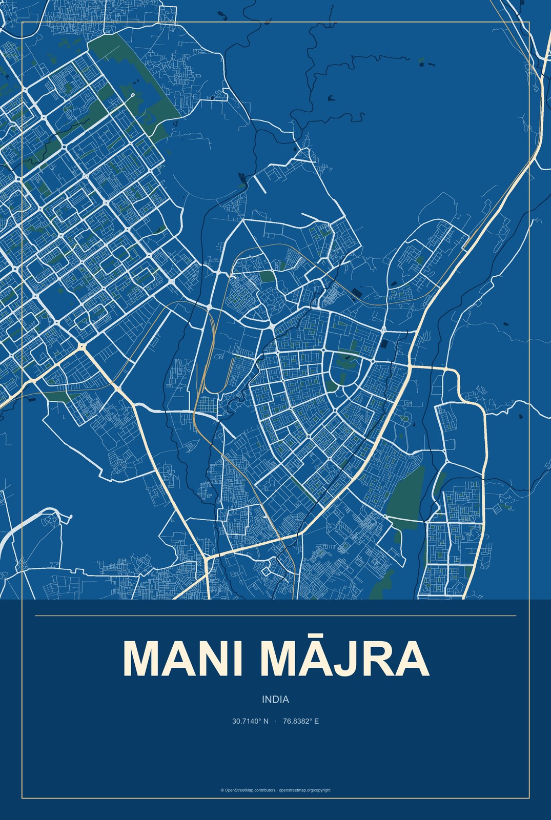 Mani Mājra, India City Map Aluminum Sign in Harbor Cobalt style