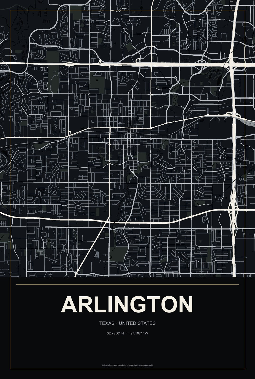 Arlington, Texas City Map Aluminum Sign in Metropolitan Noir style