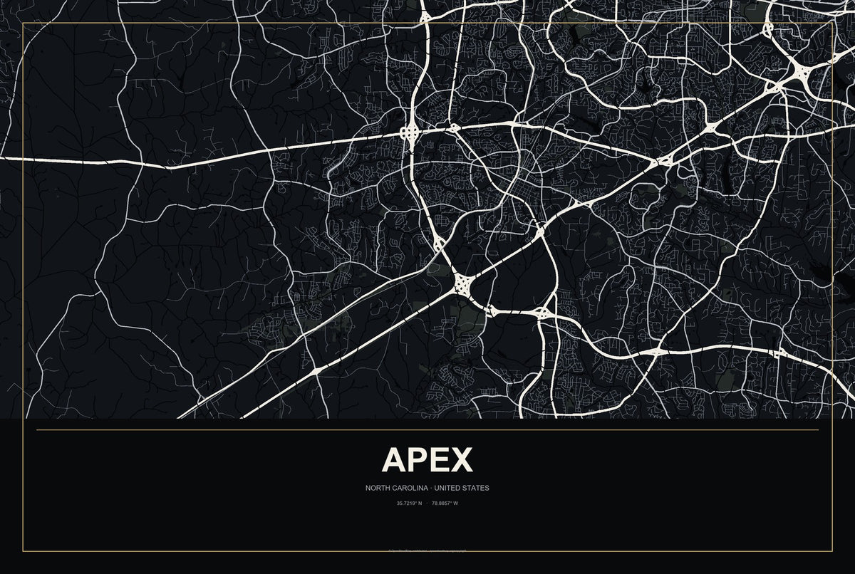 Apex, North Carolina City Map Aluminum Sign in Metropolitan Noir style