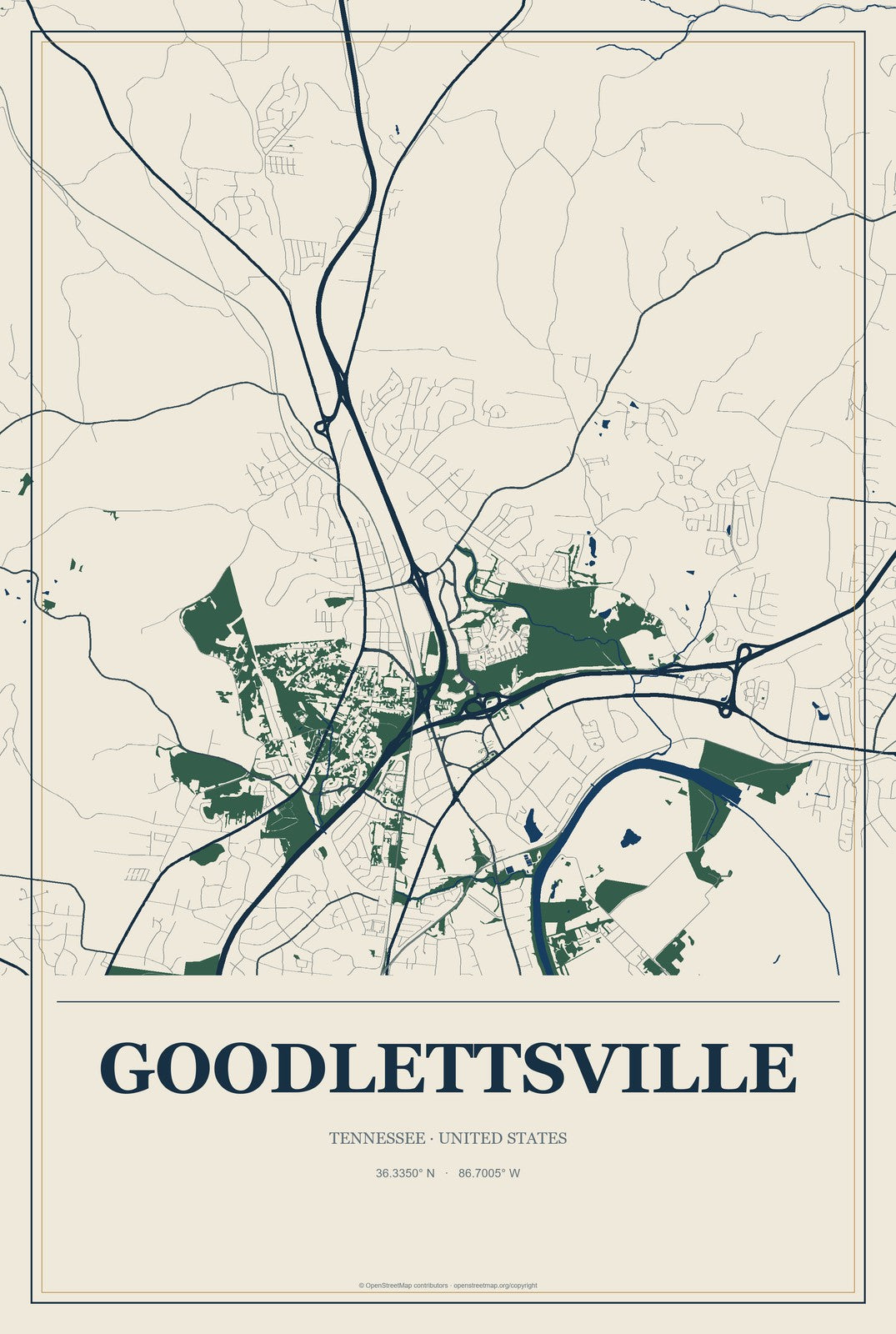 Goodlettsville, Tennessee City Map Aluminum Sign in Coastal Cutout style