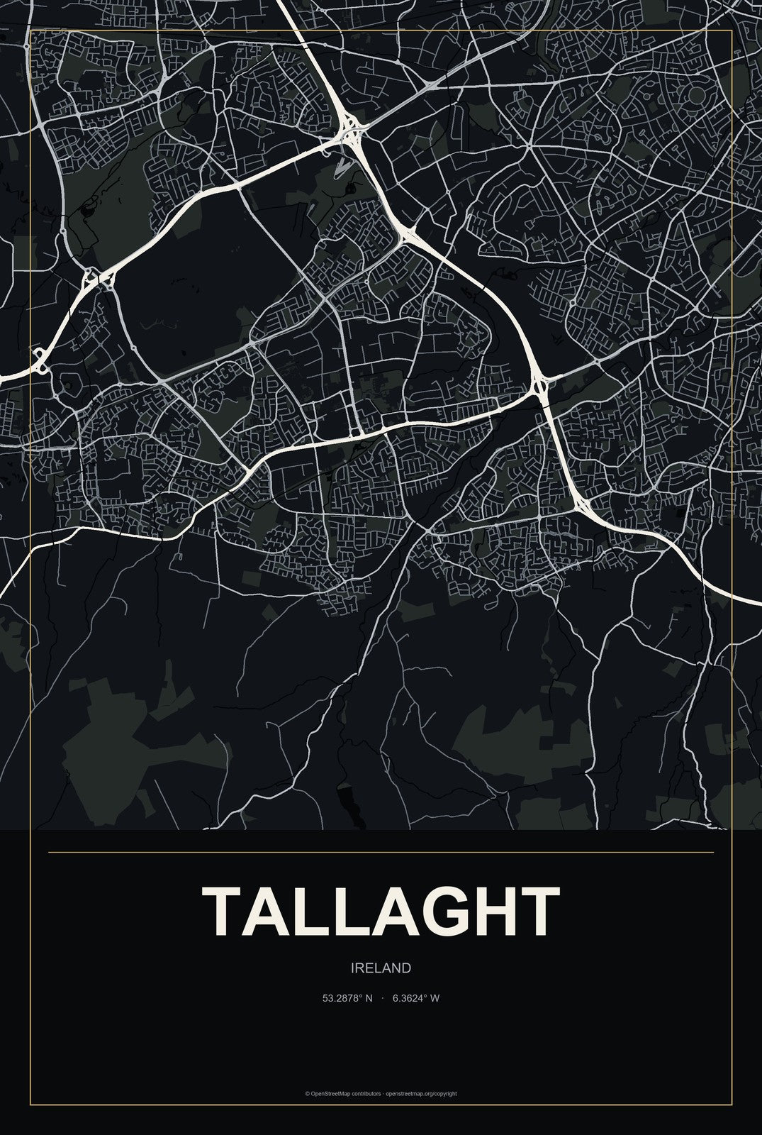Tallaght, Ireland City Map Aluminum Sign in Metropolitan Noir style