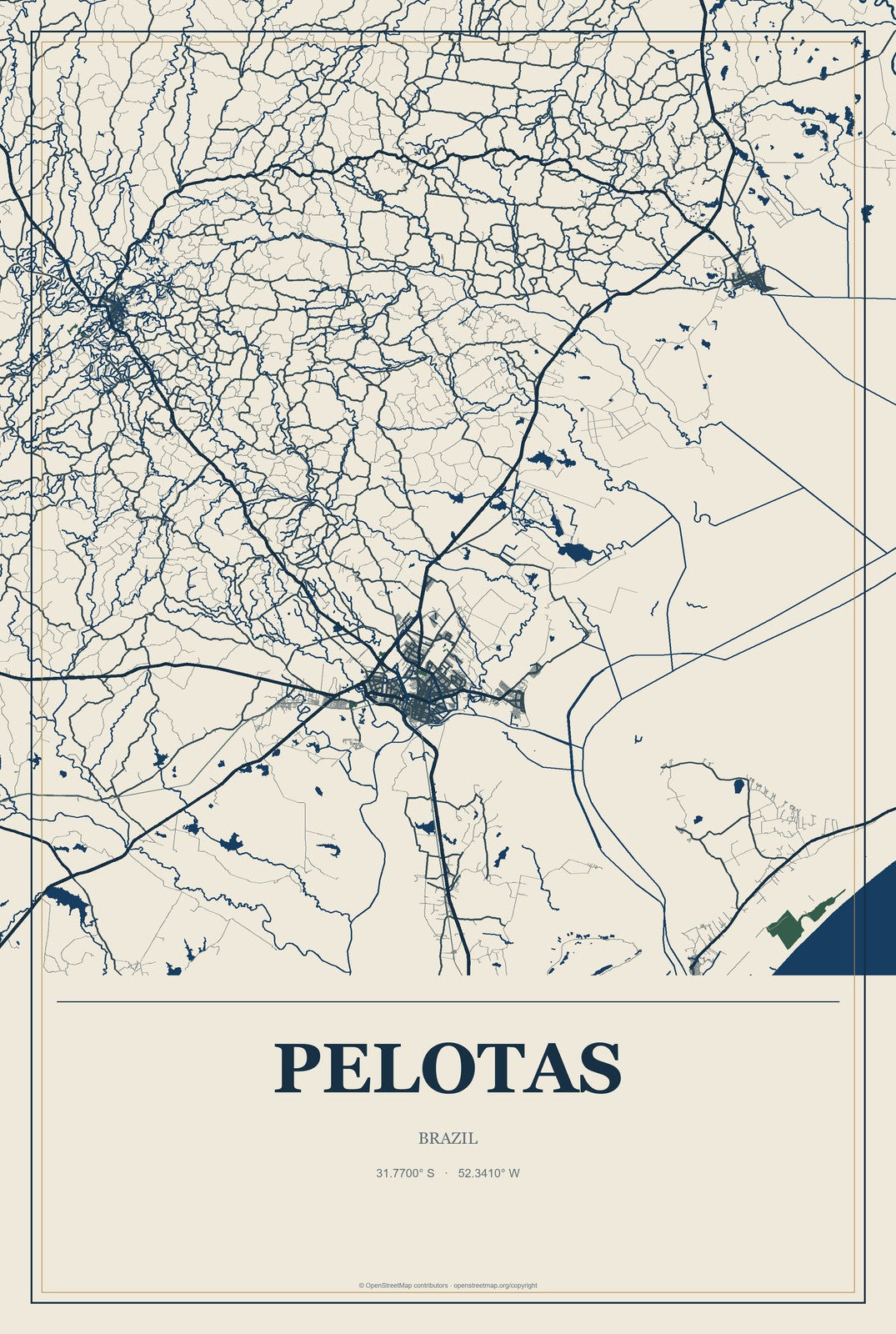 Pelotas, Brazil City Map Aluminum Sign in Coastal Cutout style