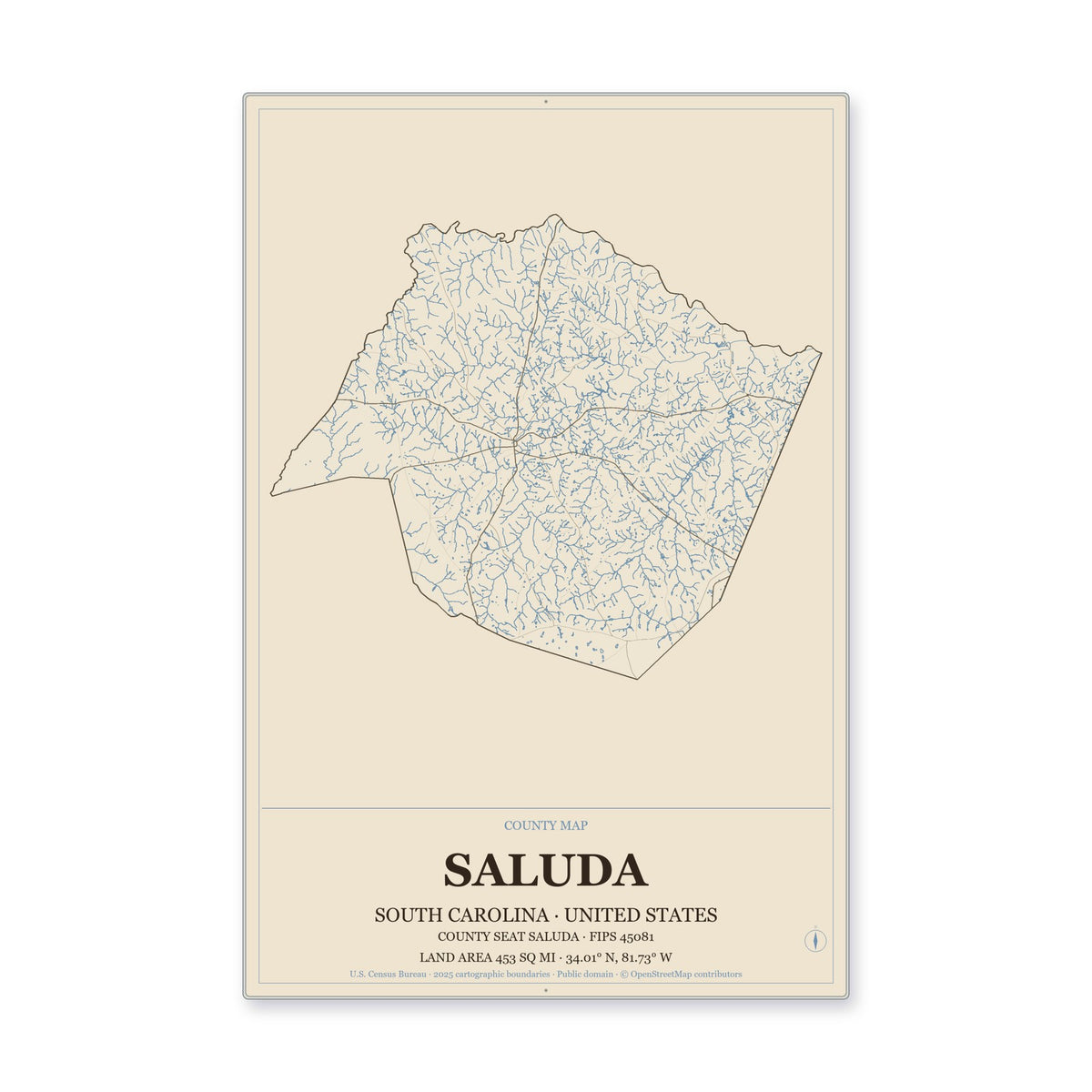 Saluda County, South Carolina Map Aluminum Sign in Heritage Nautical style