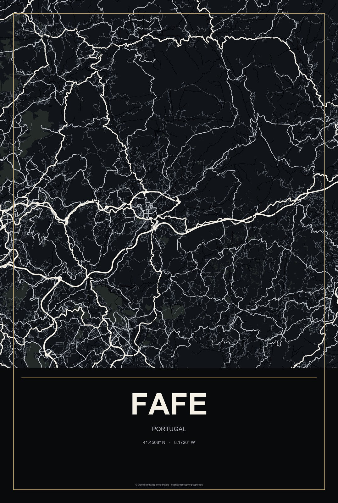 Fafe, Portugal City Map Aluminum Sign in Metropolitan Noir style