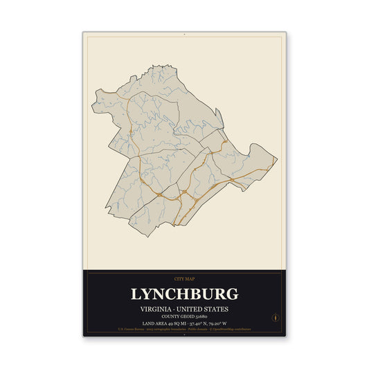 Lynchburg city, Virginia Map Aluminum Sign in Museum Plaque style