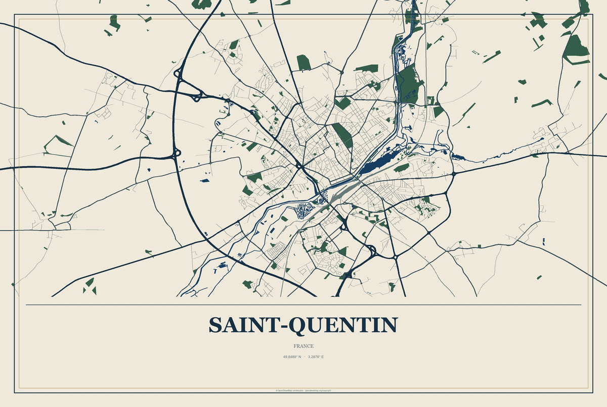 Saint-Quentin, France City Map Aluminum Sign in Coastal Cutout style
