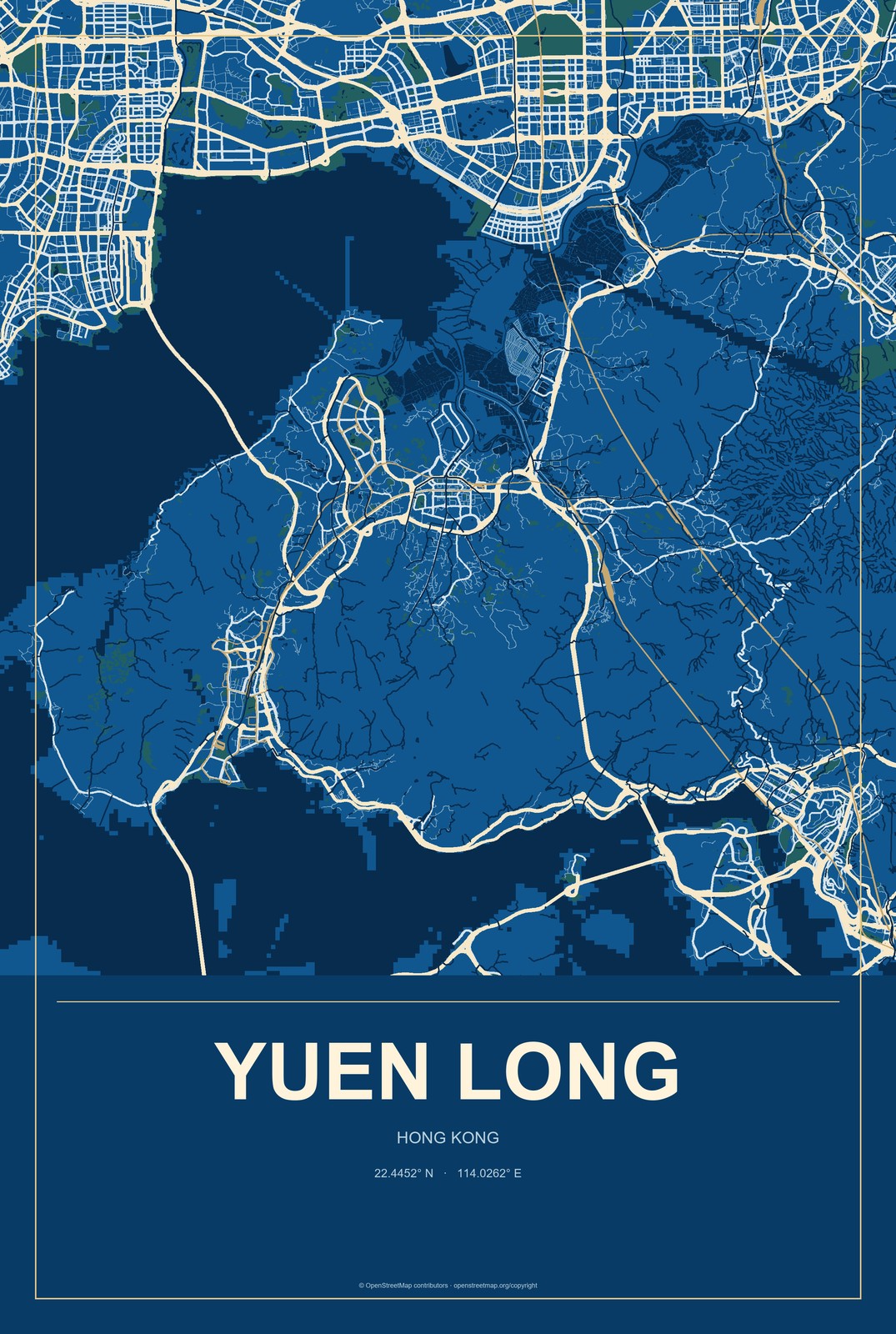 Yuen Long, Hong Kong City Map Aluminum Sign in Harbor Cobalt style