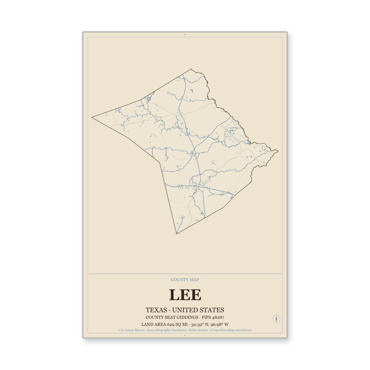 Lee County, Texas Map Aluminum Sign in Heritage Nautical style