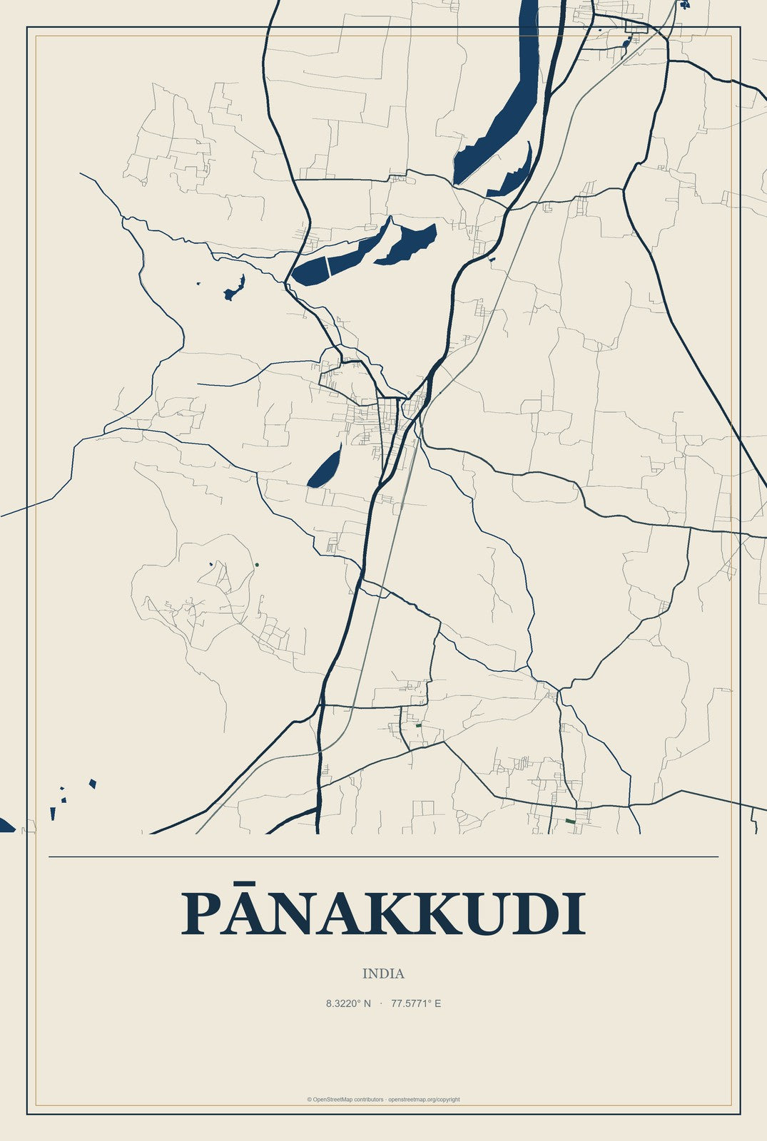 Pānakkudi, India City Map Aluminum Sign in Coastal Cutout style