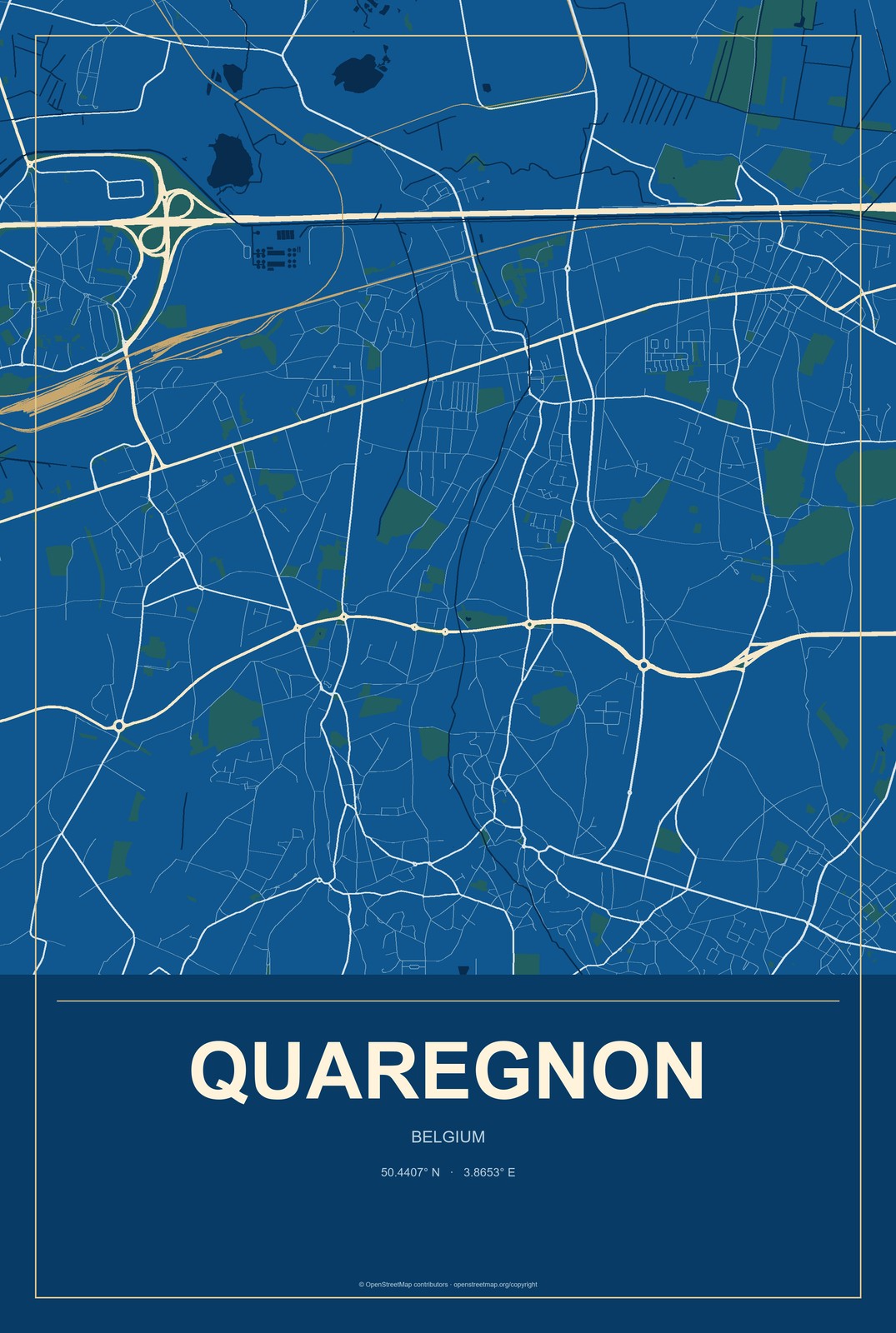 Quaregnon, Belgium City Map Aluminum Sign in Harbor Cobalt style