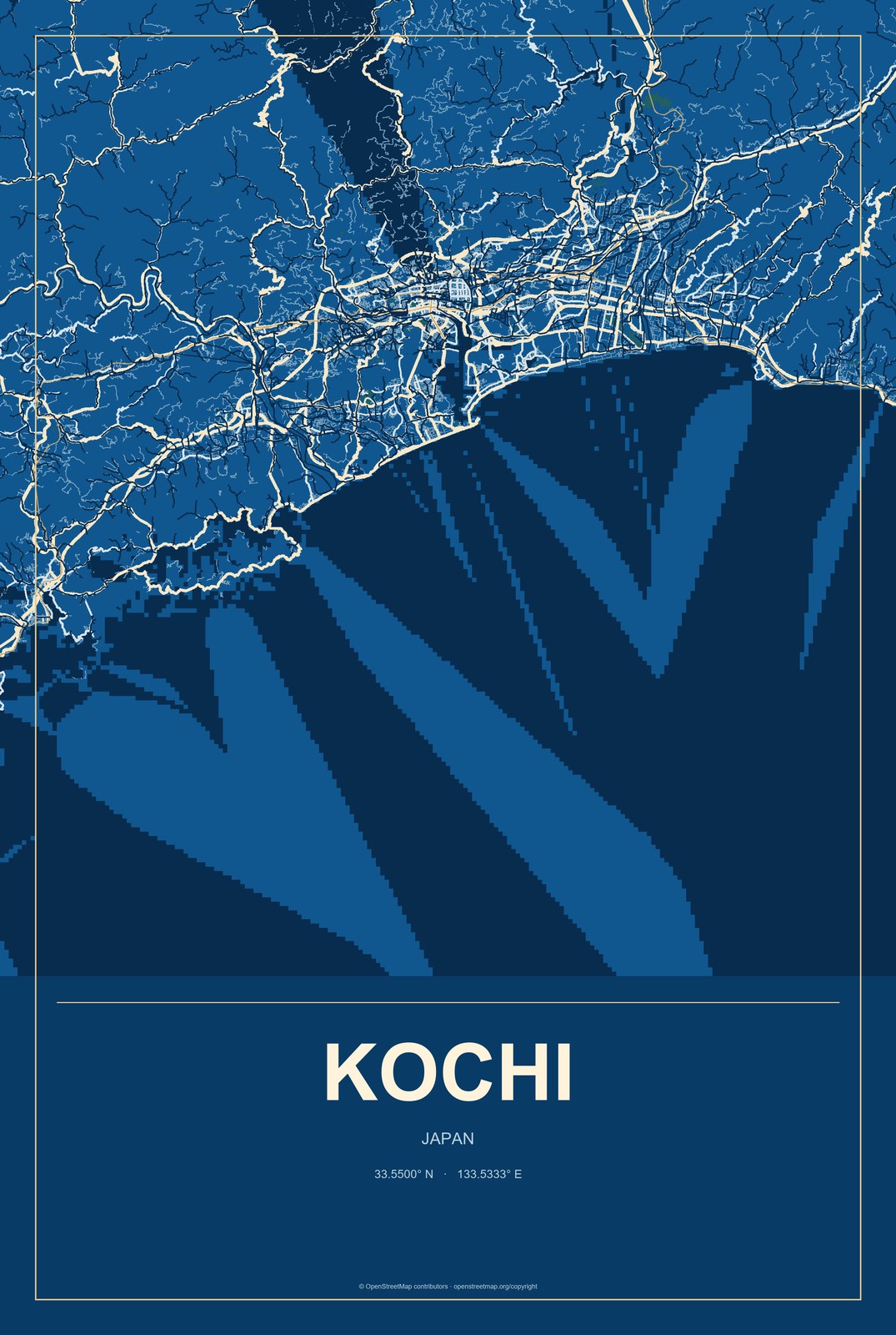 Kochi, Japan City Map Aluminum Sign in Harbor Cobalt style
