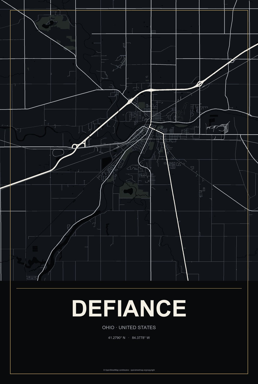 Defiance, Ohio City Map Aluminum Sign in Metropolitan Noir style