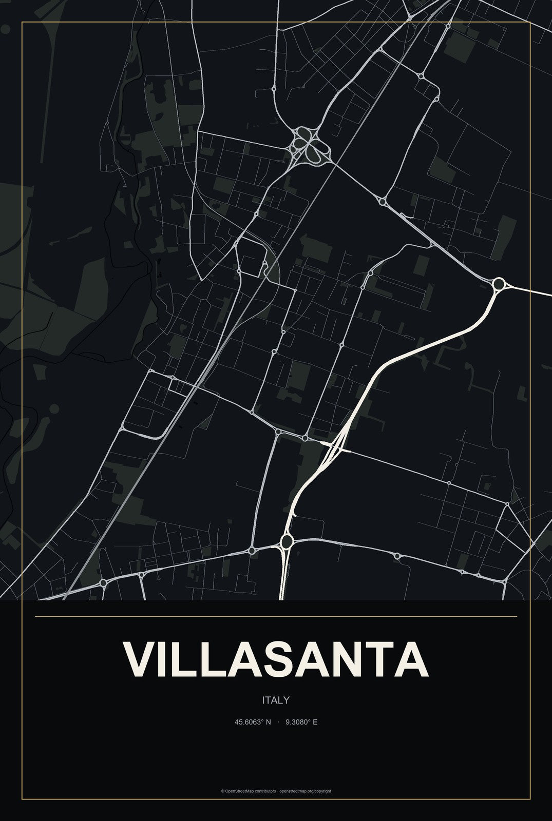 Villasanta, Italy City Map Aluminum Sign in Metropolitan Noir style