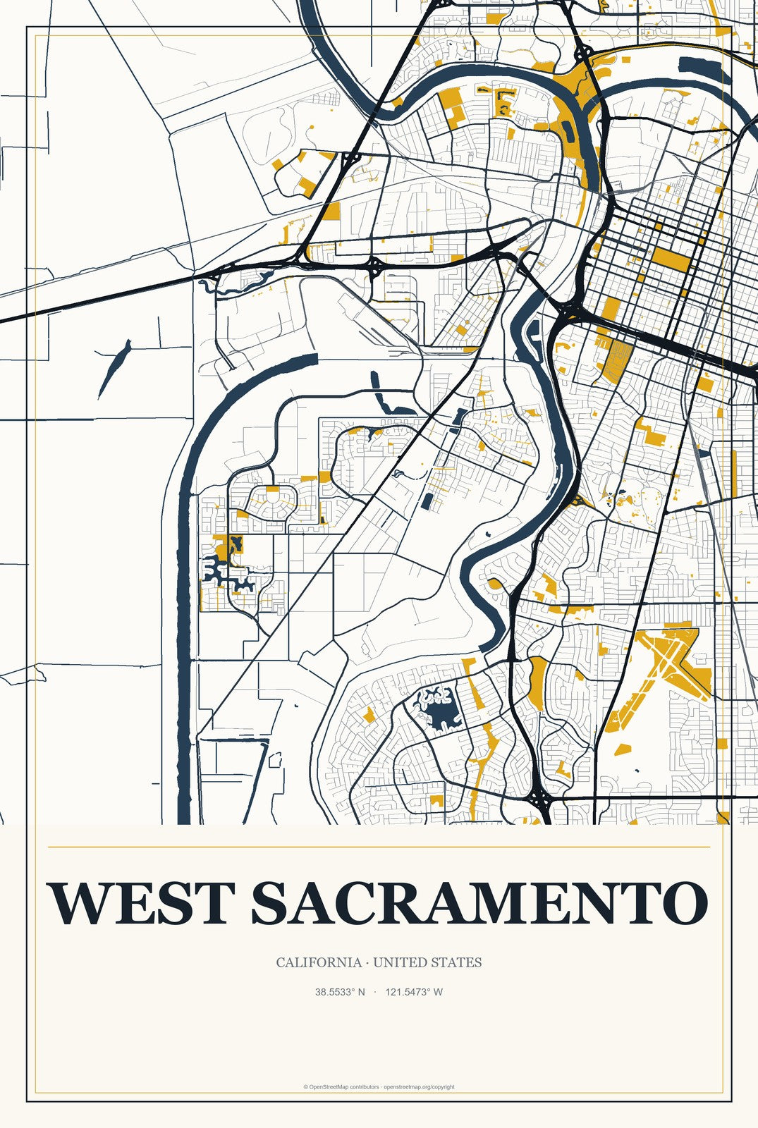 West Sacramento, California City Map Aluminum Sign in Citrine Modern style