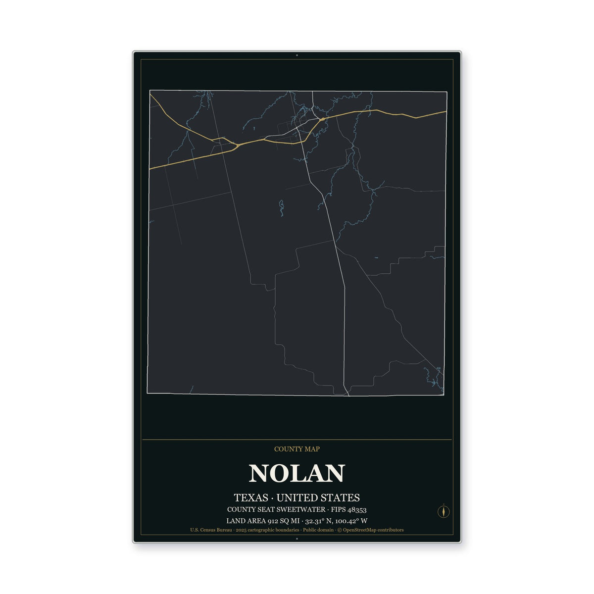 Nolan County, Texas Map Aluminum Sign in Metropolitan Noir style