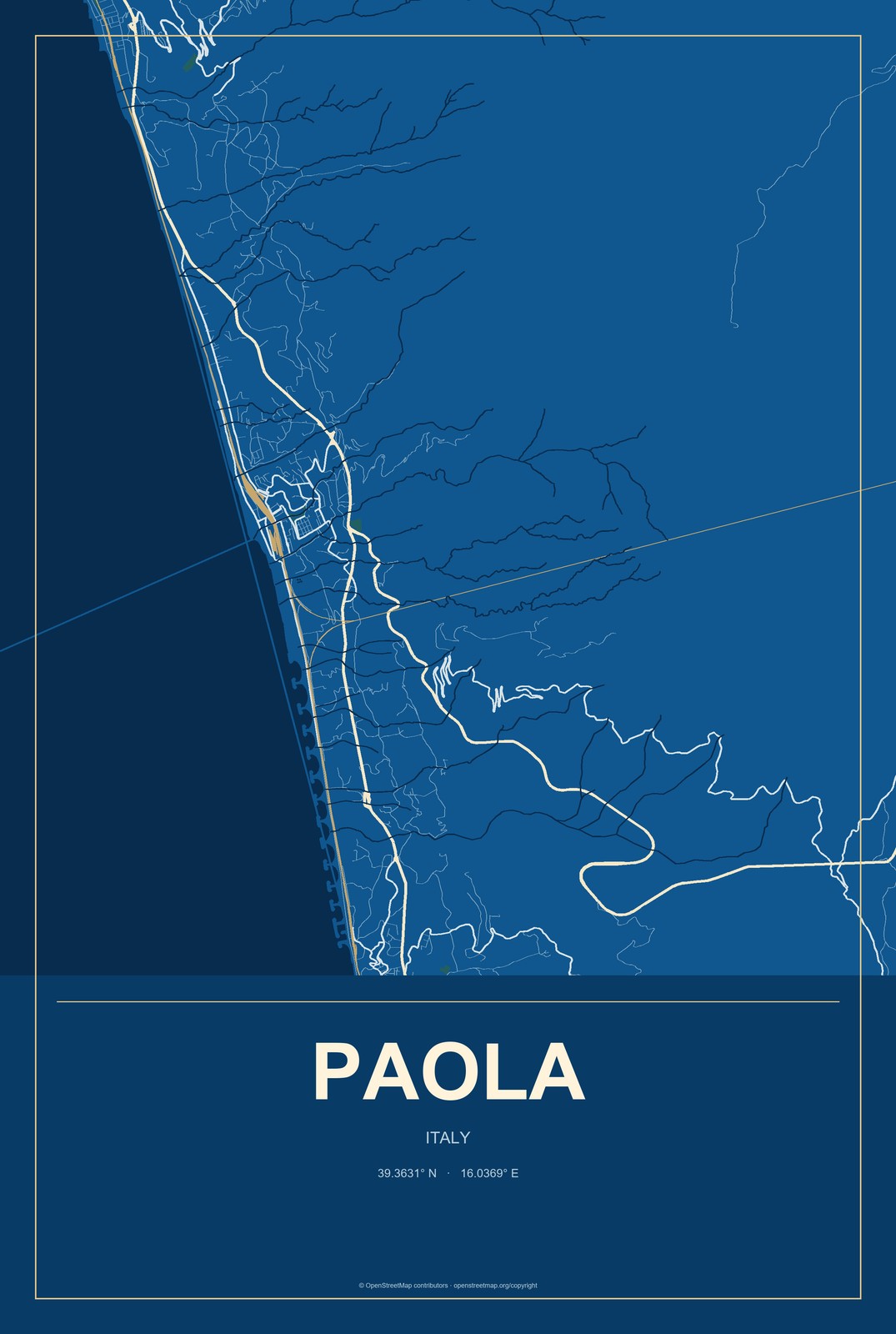 Paola, Italy City Map Aluminum Sign in Harbor Cobalt style