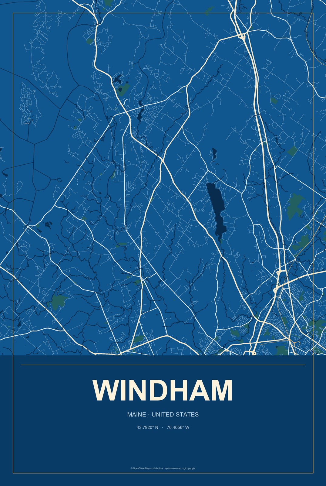Windham, Maine City Map Aluminum Sign in Harbor Cobalt style