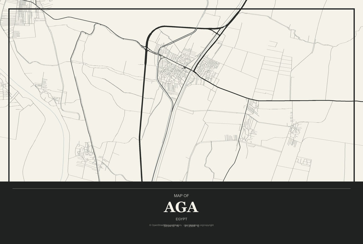 Aga, Egypt City Map Aluminum Sign in Museum Plaque style