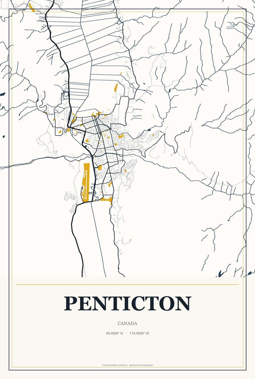 Penticton, Canada City Map Aluminum Sign in Citrine Modern style