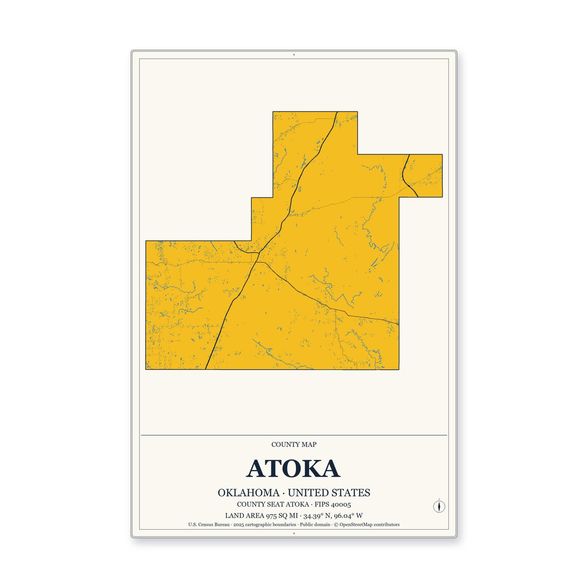 Atoka County, Oklahoma Map Aluminum Sign in Citrine Modern style