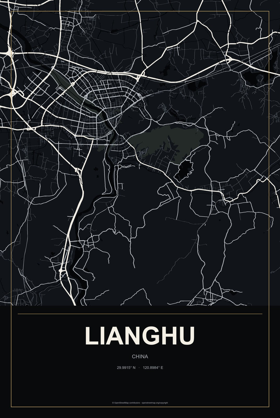 Lianghu, China City Map Aluminum Sign in Metropolitan Noir style