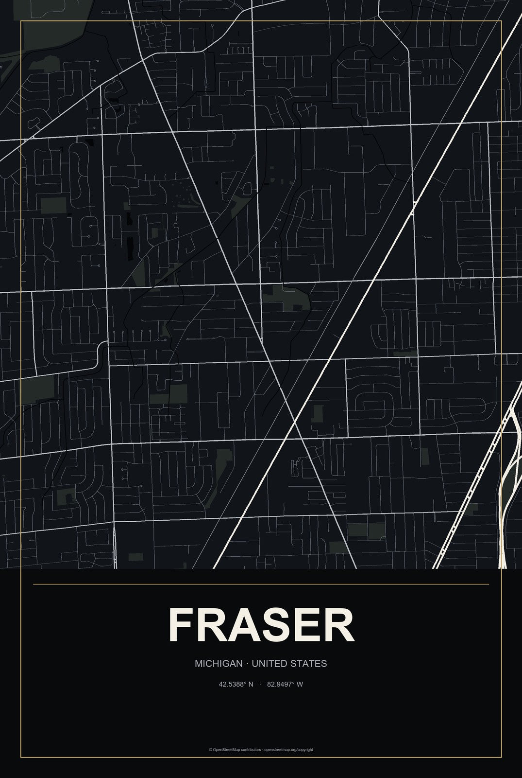 Fraser, Michigan City Map Aluminum Sign in Metropolitan Noir style