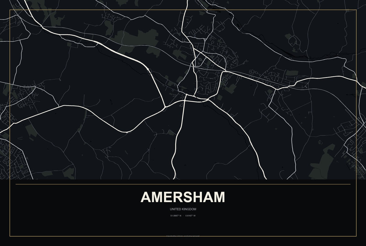 Amersham, United Kingdom City Map Aluminum Sign in Metropolitan Noir style