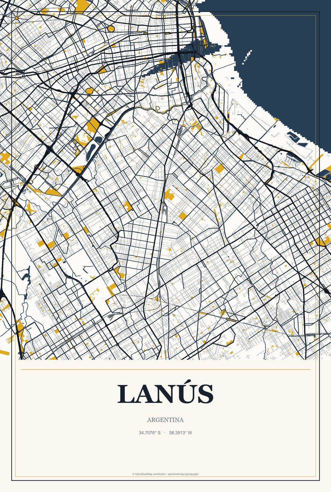 Lanús, Argentina City Map Aluminum Sign in Citrine Modern style