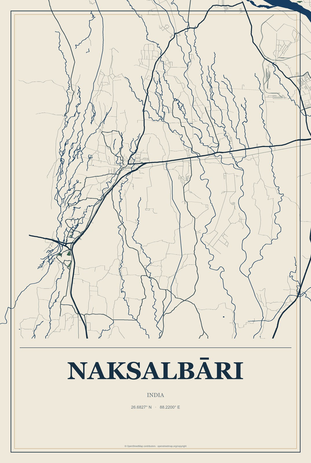 Naksalbāri, India City Map Aluminum Sign in Coastal Cutout style