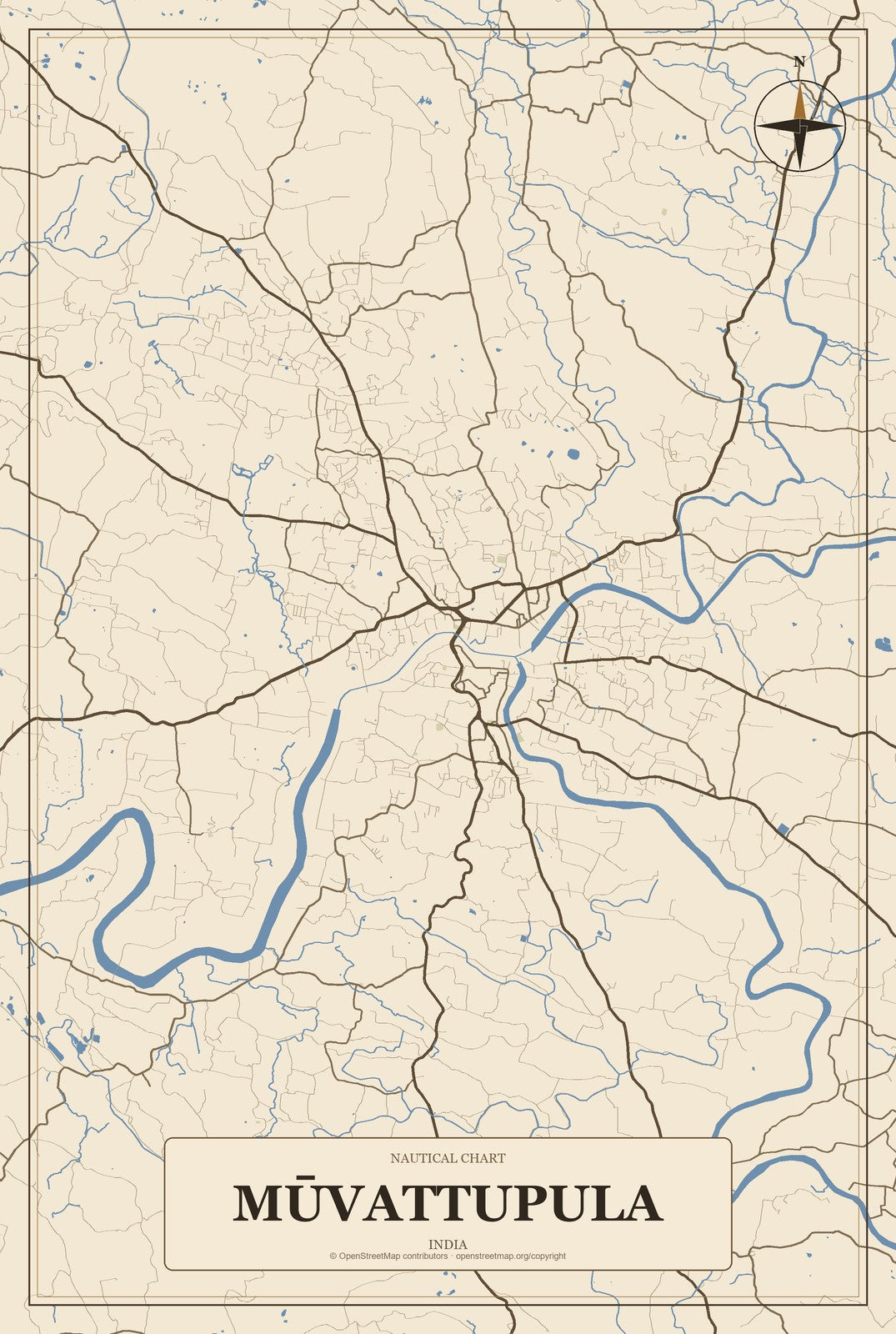 Mūvattupula, India City Map Aluminum Sign in Heritage Nautical style