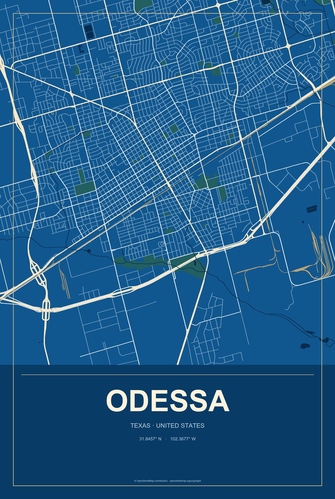 Odessa, Texas City Map Aluminum Sign in Harbor Cobalt style