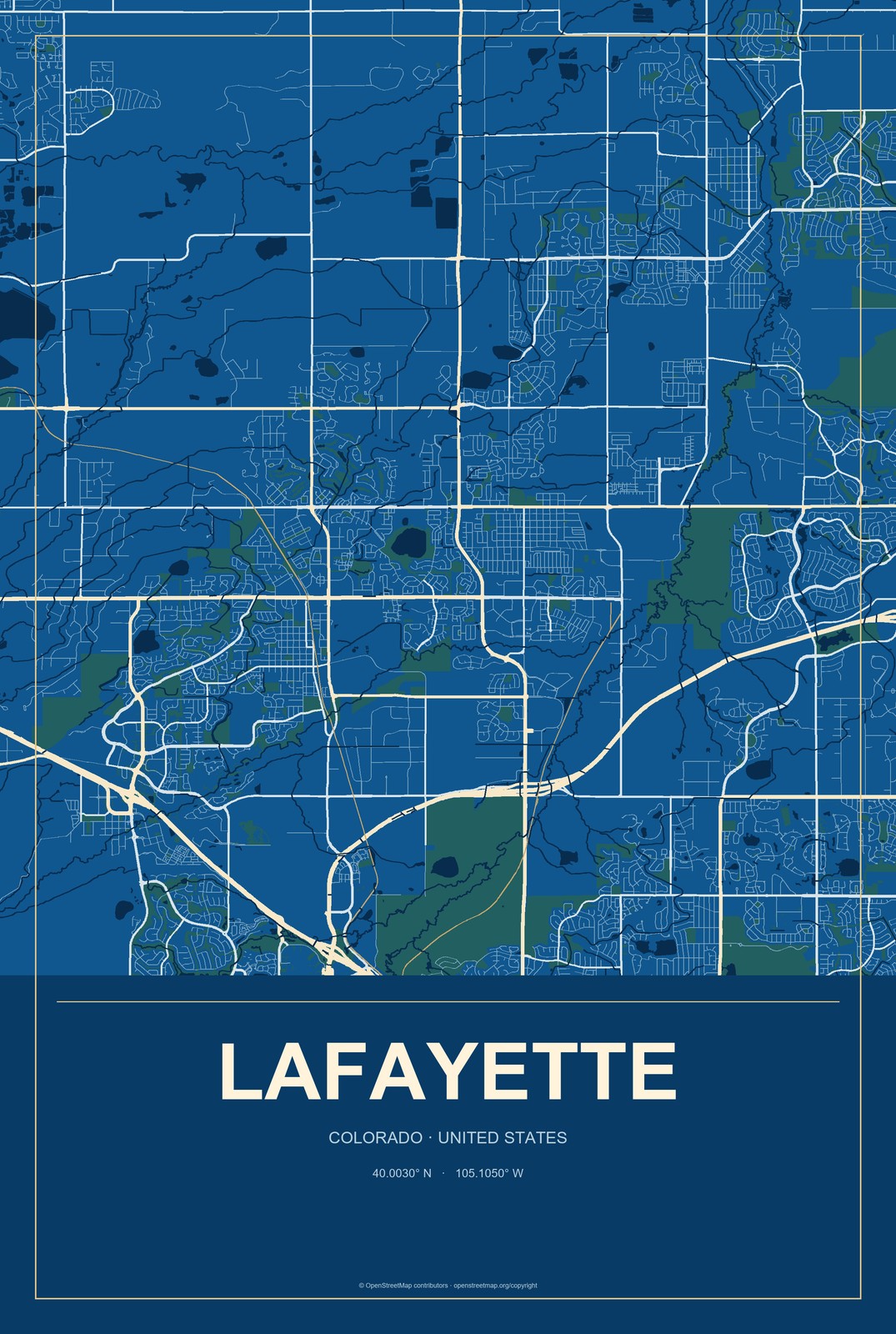 Lafayette, Colorado City Map Aluminum Sign in Harbor Cobalt style