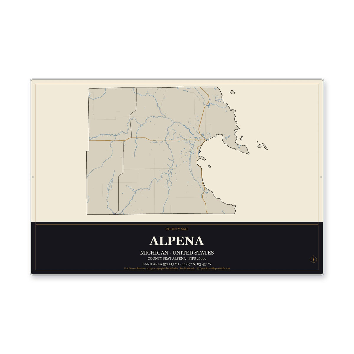 Alpena County, Michigan Map Aluminum Sign in Museum Plaque style