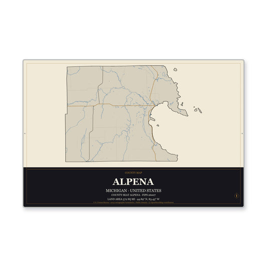 Alpena County, Michigan Map Aluminum Sign in Museum Plaque style