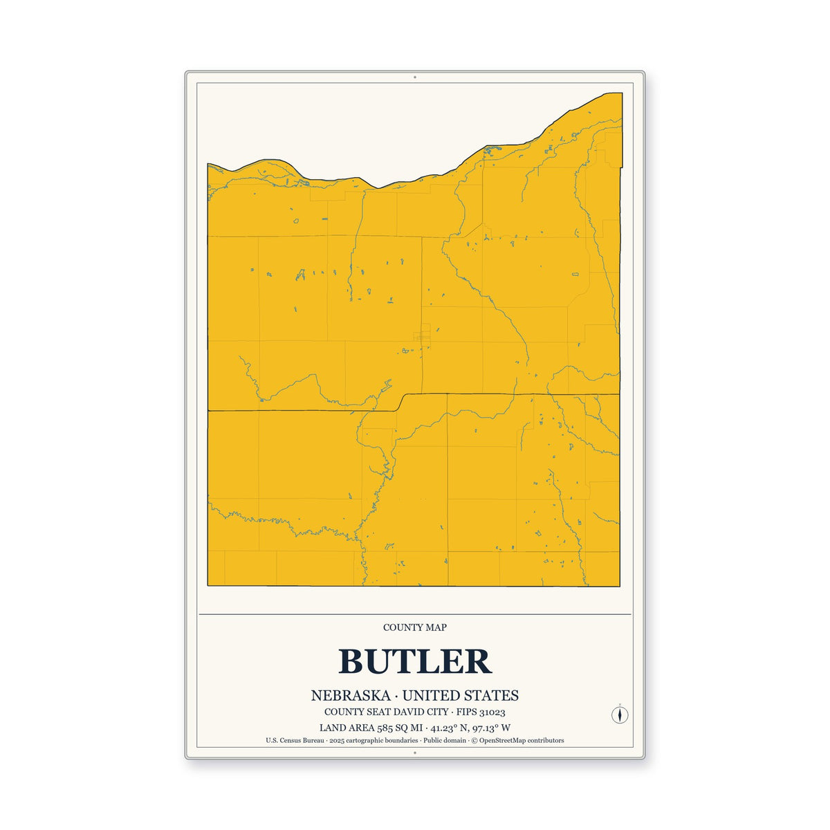 Butler County, Nebraska Map Aluminum Sign in Citrine Modern style