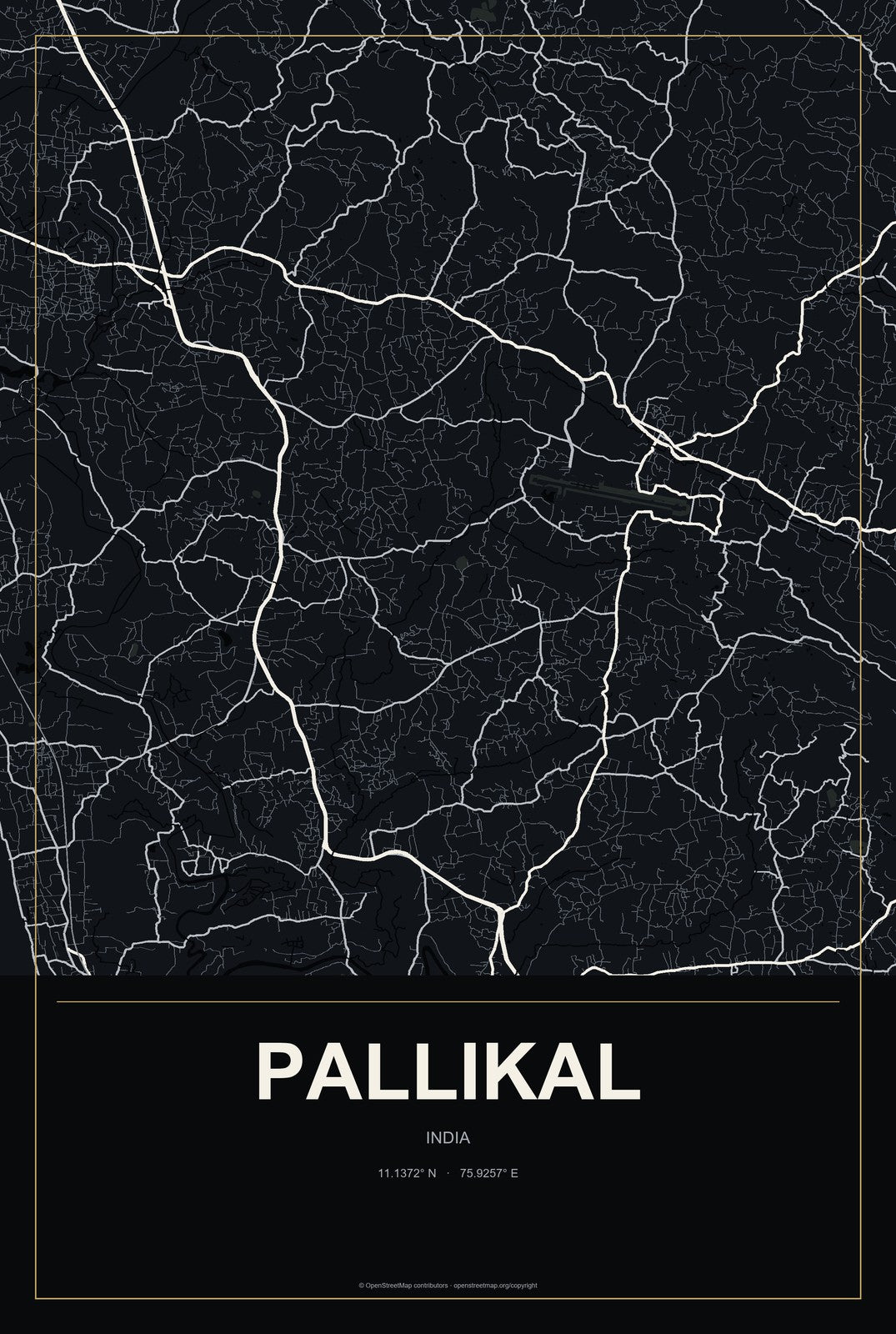 Pallikal, India City Map Aluminum Sign in Metropolitan Noir style