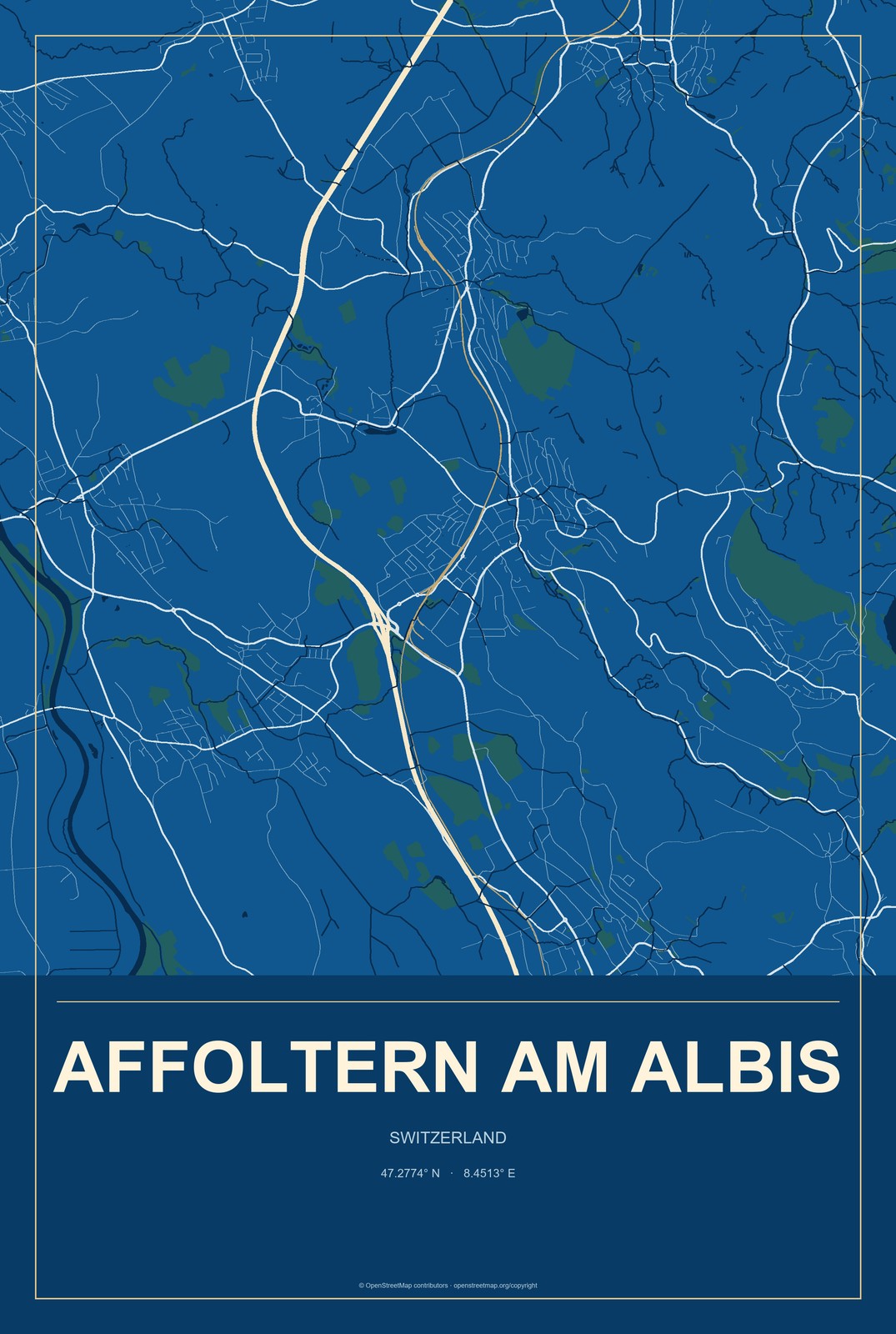 Affoltern am Albis, Switzerland City Map Aluminum Sign in Harbor Cobalt style
