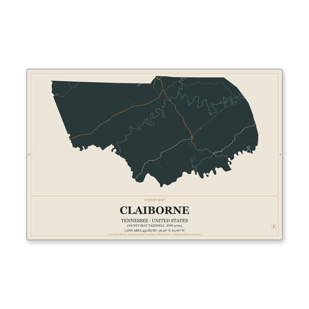 Claiborne County, Tennessee Map Aluminum Sign in Headline Atlas style
