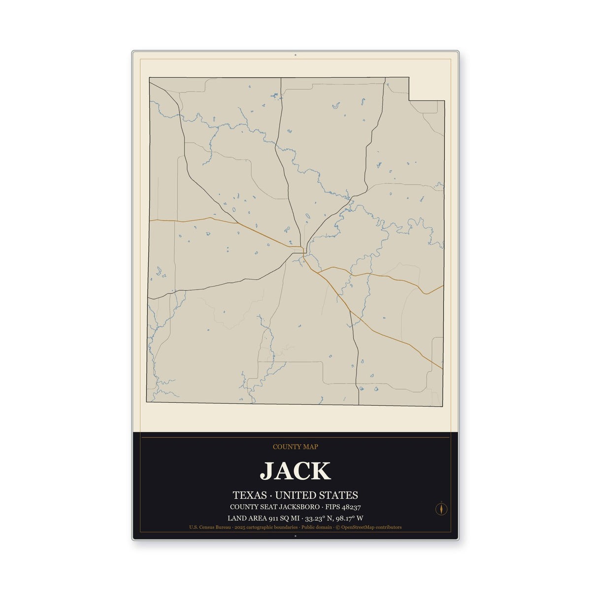 Jack County, Texas Map Aluminum Sign in Museum Plaque style