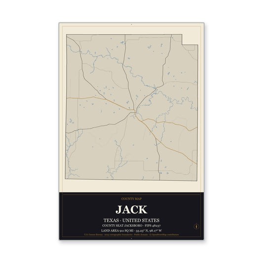 Jack County, Texas Map Aluminum Sign in Museum Plaque style