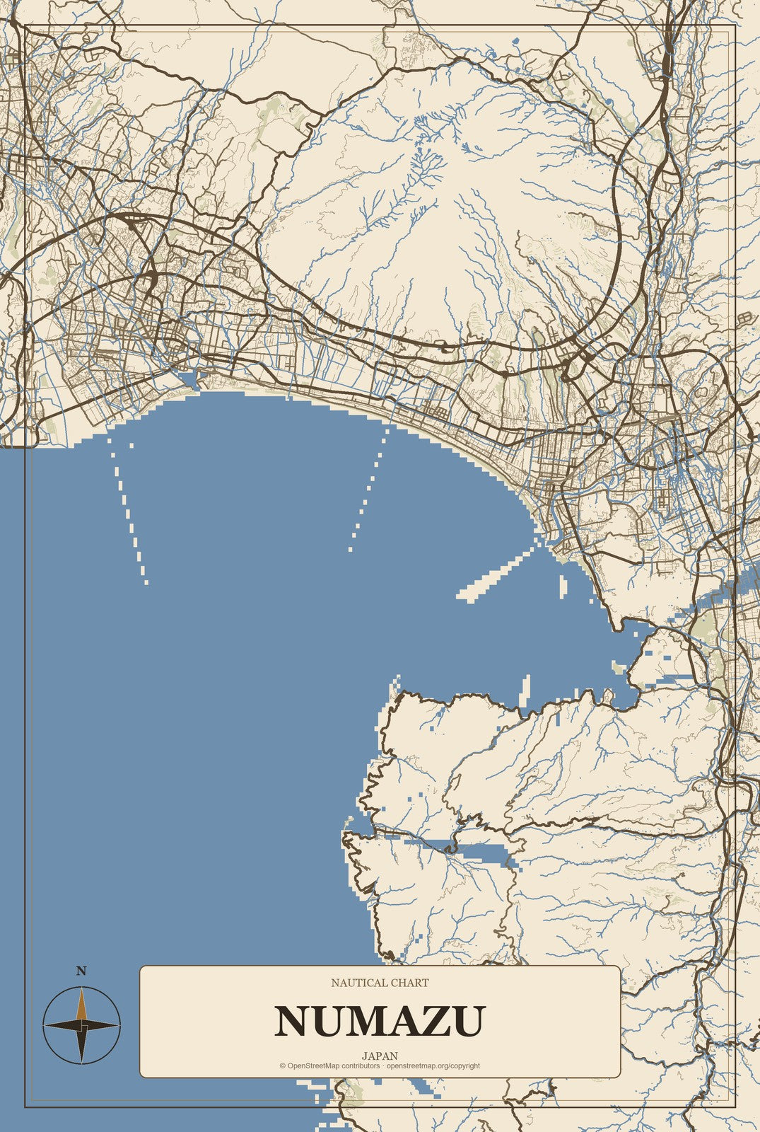 Numazu, Japan City Map Aluminum Sign in Heritage Nautical style
