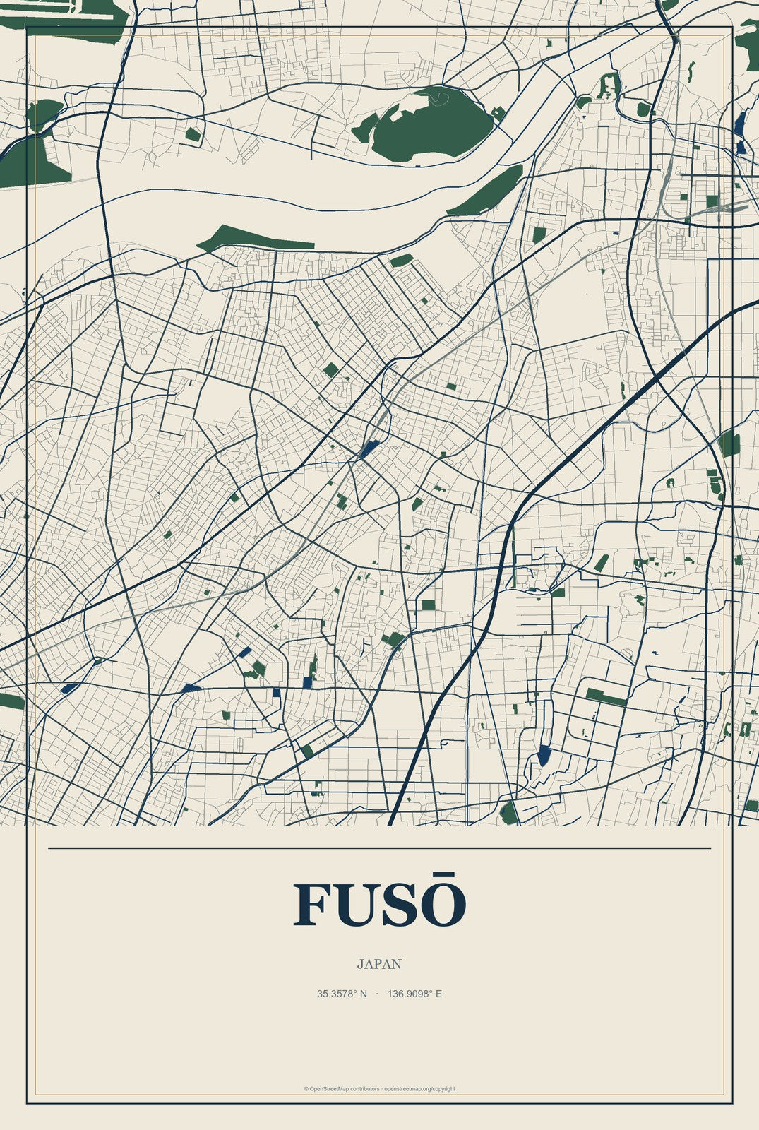 Fusō, Japan City Map Aluminum Sign in Coastal Cutout style