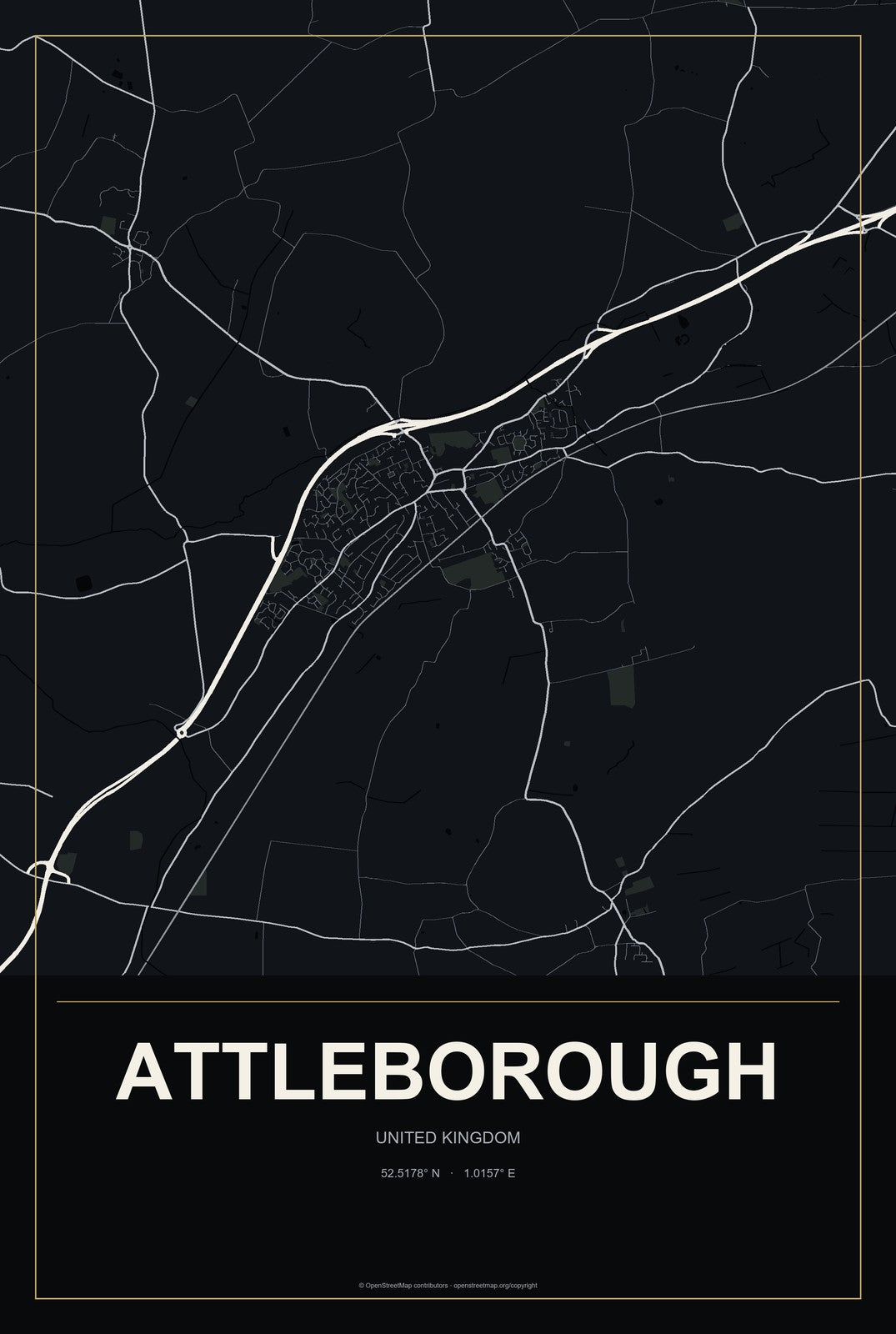 Attleborough, United Kingdom City Map Aluminum Sign in Metropolitan Noir style