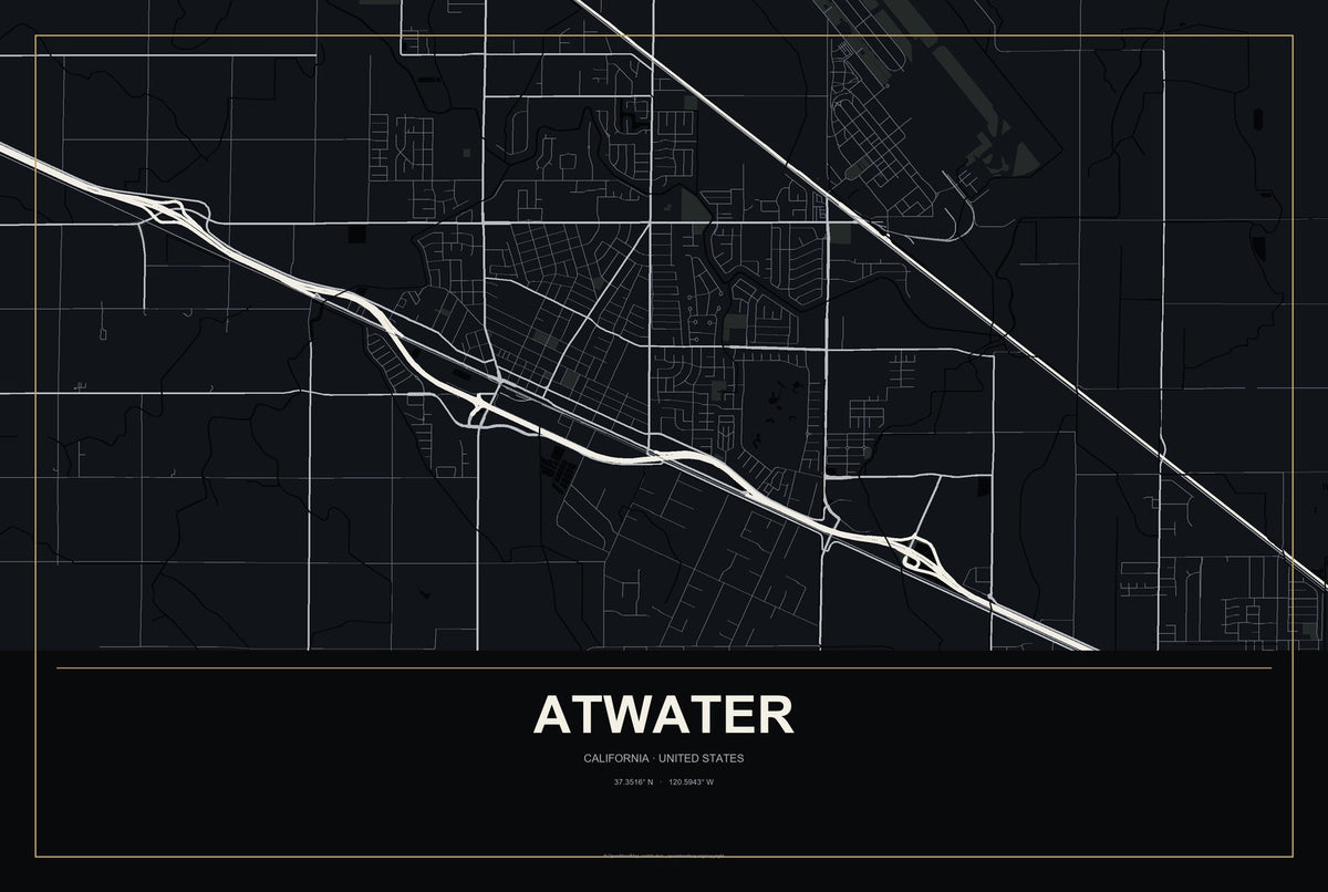 Atwater, California City Map Aluminum Sign in Metropolitan Noir style