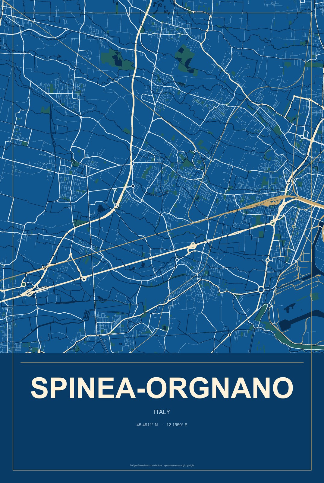 Spinea-Orgnano, Italy City Map Aluminum Sign in Harbor Cobalt style