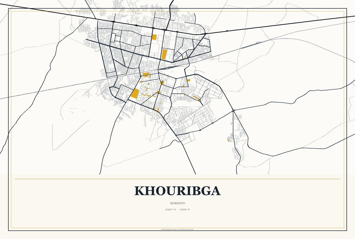 Khouribga, Morocco City Map Aluminum Sign in Citrine Modern style