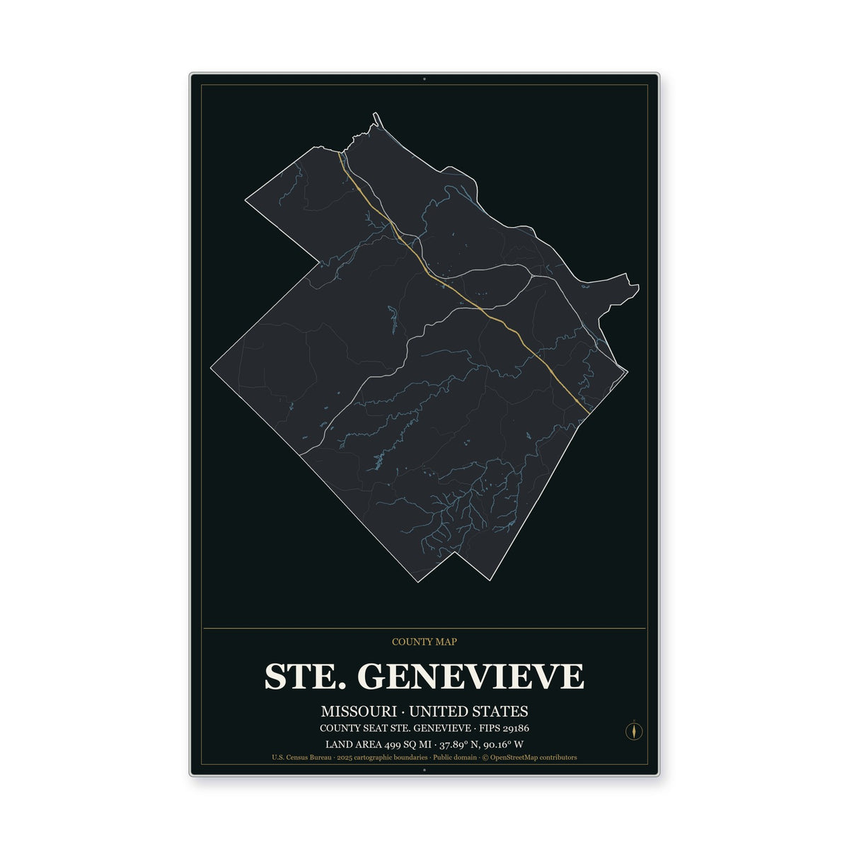 Ste. Genevieve County, Missouri Map Aluminum Sign in Metropolitan Noir style