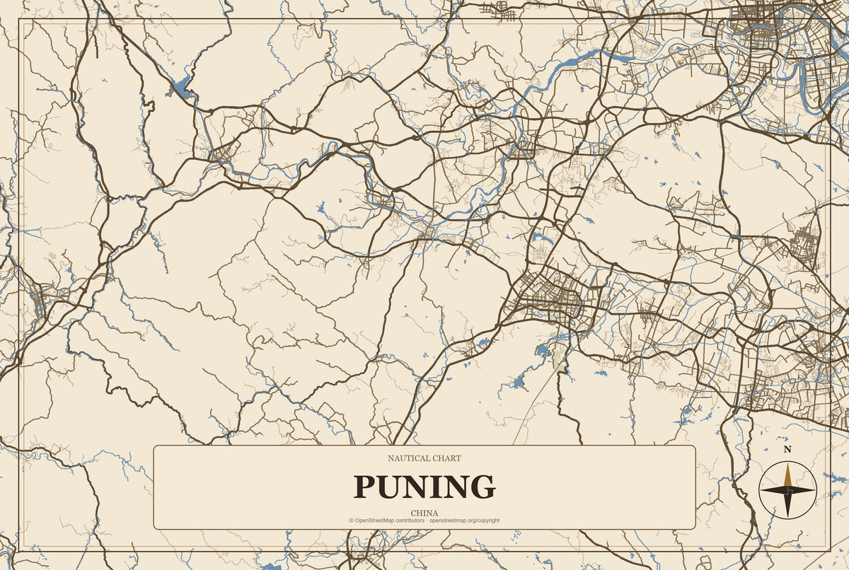 Puning, China City Map Aluminum Sign in Heritage Nautical style