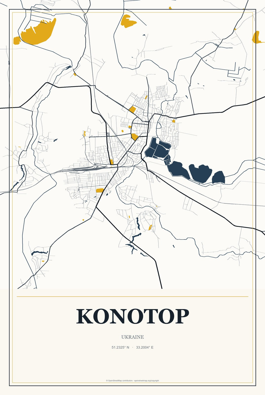 Konotop, Ukraine City Map Aluminum Sign in Citrine Modern style