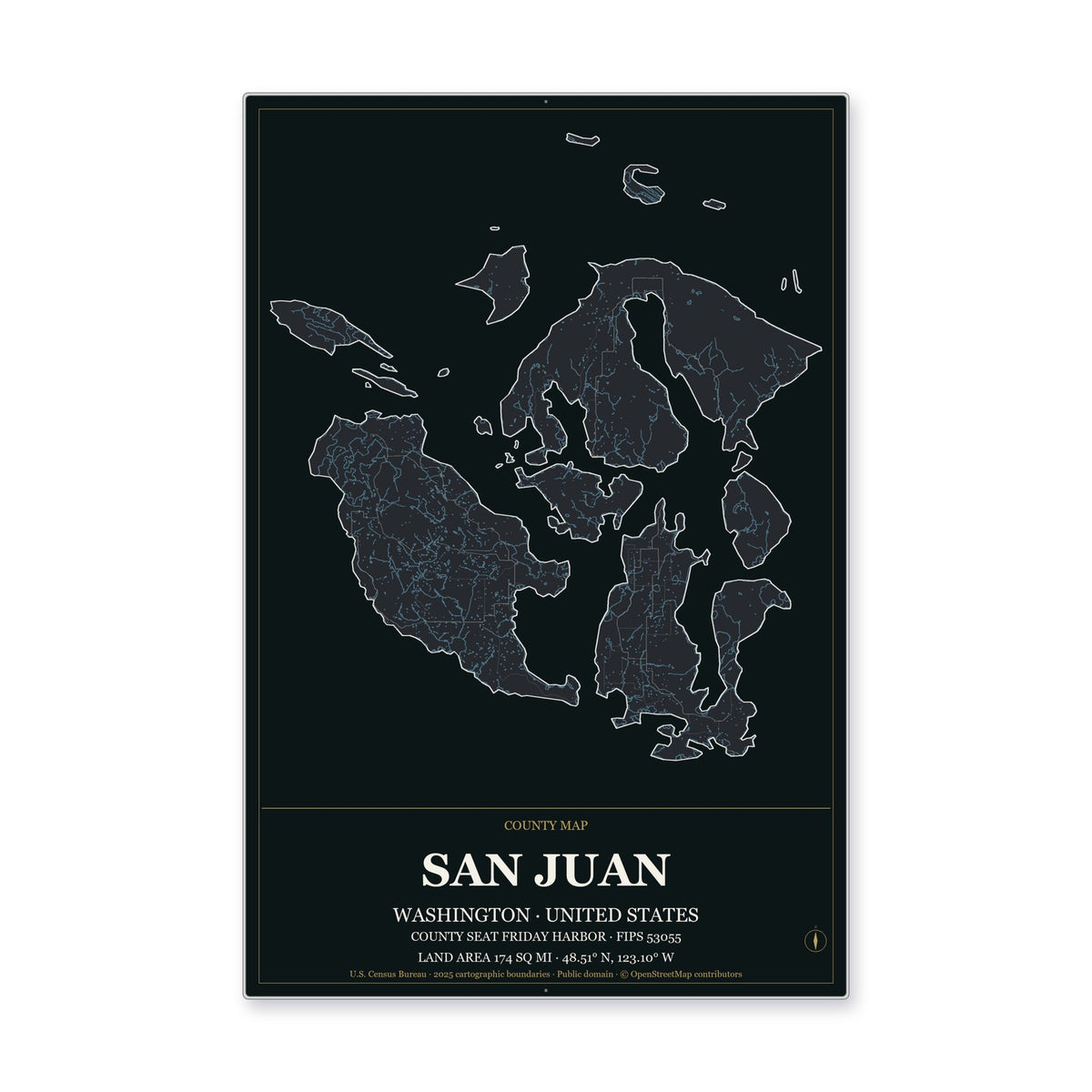 San Juan County, Washington Map Aluminum Sign in Metropolitan Noir style